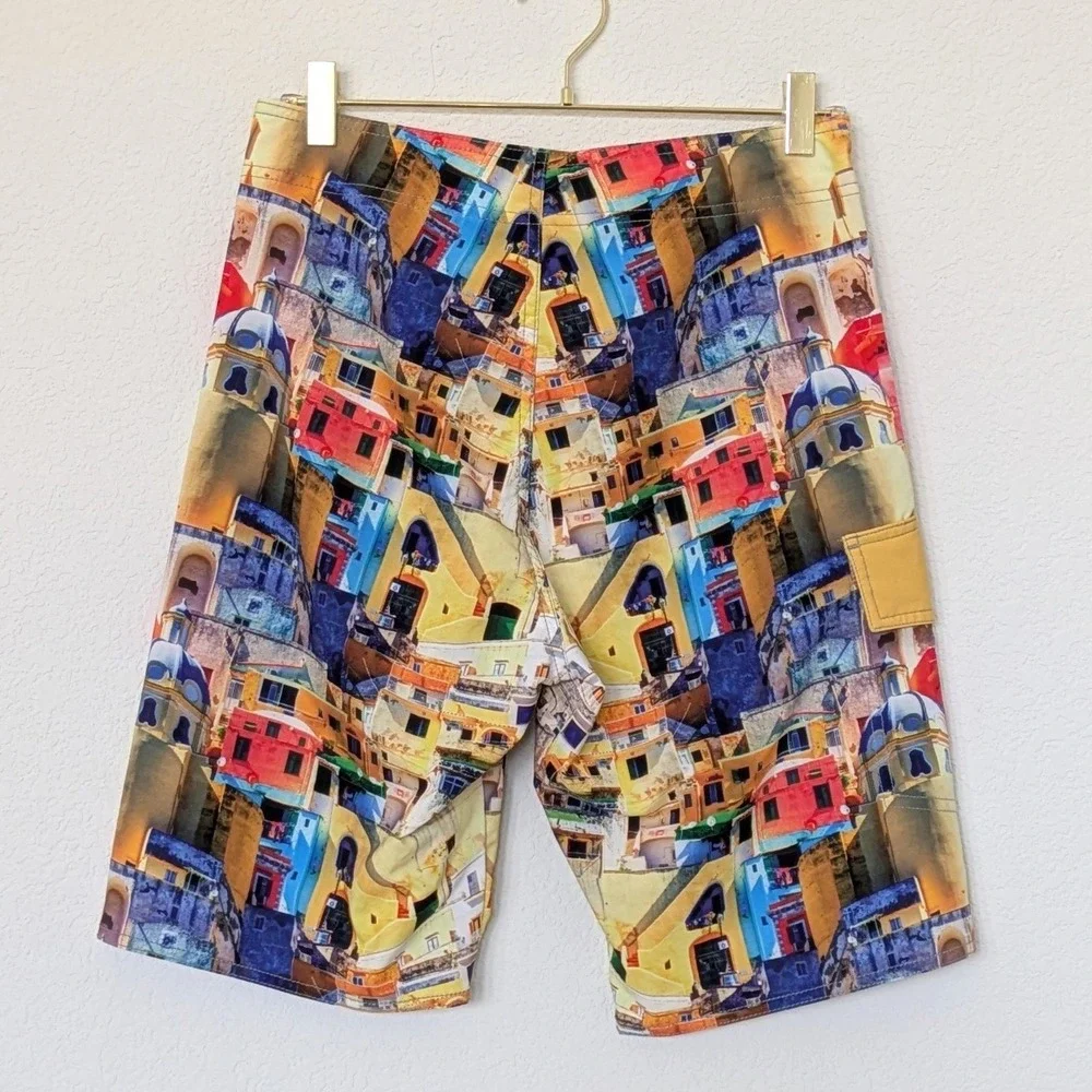 Nonwe Mediterranean Village Print Board Shorts Mens 28 Multi Color Swim Trunks‎